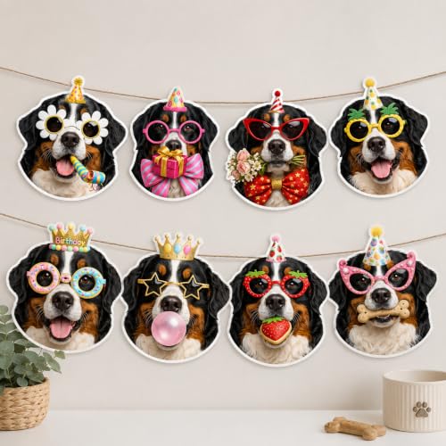 Image of Bernese Mountain Dog Birthday Banner, Berne Dog Party Decorations Garland | 8 Unique Berner Faces, Easy to Hang