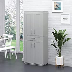 HOMCOM 72" Kitchen Pantry Cabinet, Freestanding Tall Storage Cabinet with 4 Doors, Drawer and 3 Adjustable Shelves for Dining Room, Gray HOMCOM 72 Kitchen Pantry Cabinet Freestanding Tall Storage Cabinet with 4 Doors Drawer and 3 Adjustable Shelves for Dining Room Gray