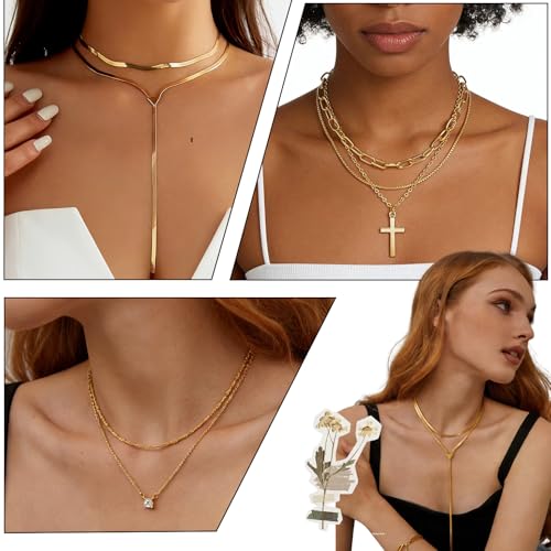 Image of Gold Jewelry Set for Women Gold Plated Chunky Layered Necklace Chain Bracelet Stackable Ring Hoop Earrings Jewelry Accessories Gifts