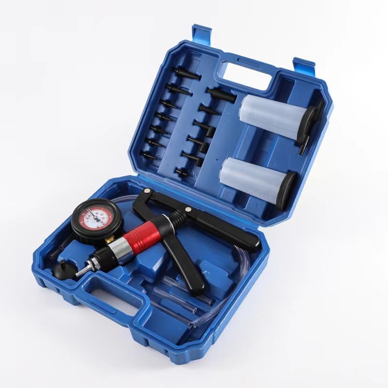 Handheld Vacuum Pump Brake Bleeder Kit Multi-Functional Vacuum & Pressure Tester Set with Gauge Hoses Adapters and Fluid Reservoirs for Automotive Brake Clutch and Fluid Extraction ((23PC-Blue))