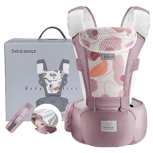 Image of Bebamour Baby Carrier Front and Back Carry Baby Carrier Newborn to Toddler Baby Hip Carrier with Head Hood & 3 Pieces Teething Pads (Mesh Pink)
