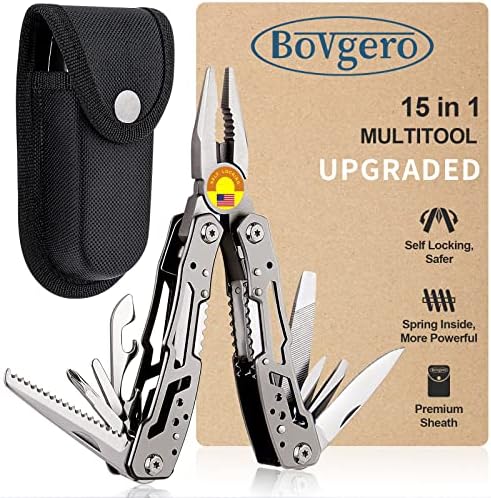 Bovgero Self Locking Multitool Pliers 15-in-1 with Nylon Sheath, Handmade Multi Tool Plier, Spring Inside Multitools, Multi-tool, Birthday Father's Day Gift for Men Him Husband Boyfriend Handyman