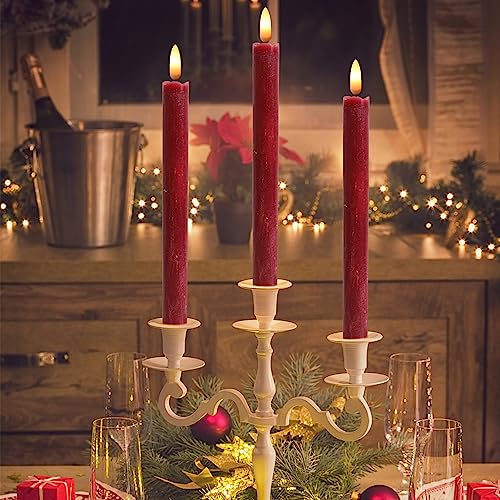 Image of Wondise Burgundy Real Wax Flameless Taper Candles with Timer