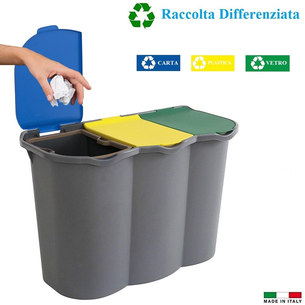 PALUPLUS Pattumiera a 3 Scomparti per Raccolta Differenziata, misura 74x35x55 e Capacità 80 Litri, Anelli Ferma Sacchetto, Secchio per Spazzatura con Coperchi Azzurro, Giallo e Verde -9606