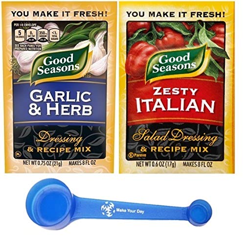 Good Seasons Dressing & Recipe Mix, Garlic & Herb and Zesty Italian, .6 Ounce Packets (20 Total Packets) - with Make Your Day 4-in-1 Measuring Spoon