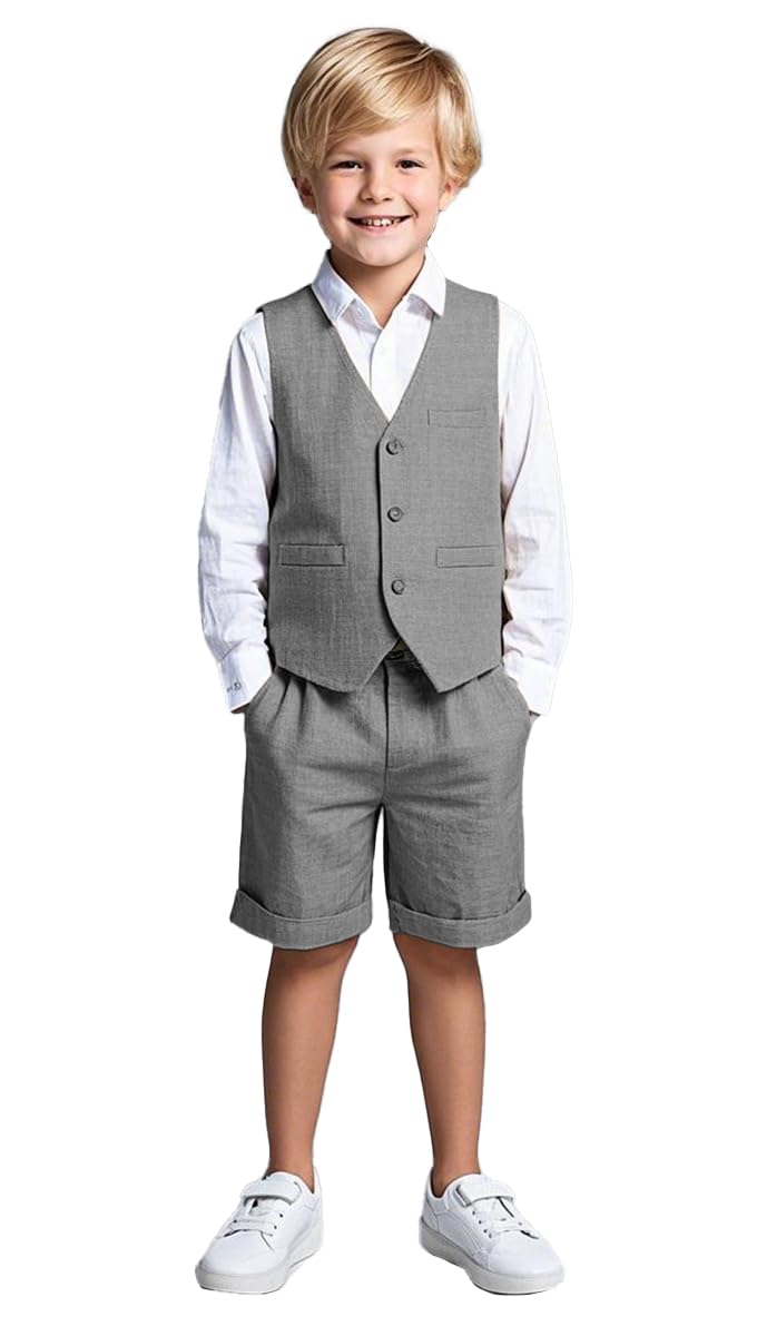 Traje de lino de 2 piezas para niños, chaleco y pantalones cortos, traje de verano para la playa, gris, 8 años