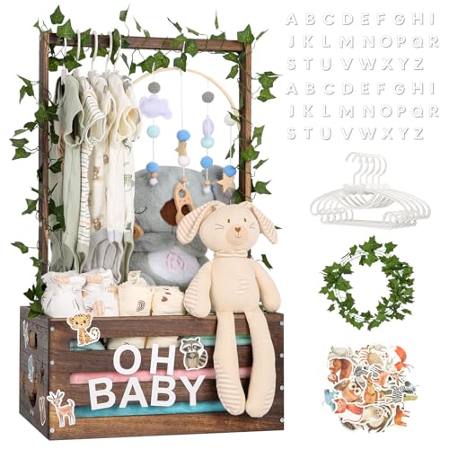 Large Baby Shower Gifts Basket Wooden Crate, Personalized Wooden Letters Hangers New Born Baby Girl Boy Gifts Vine Decorations Closet with Adjustable Handle Pregnancy Gifts for New Mom Parents Brown