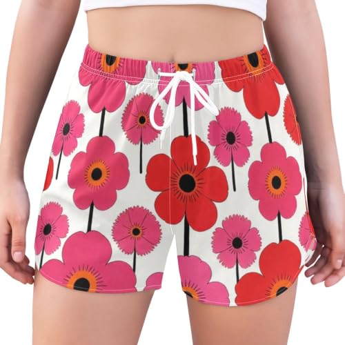 Pantalones de playa para correr con estampado de amapolas rojas Yuiboo
