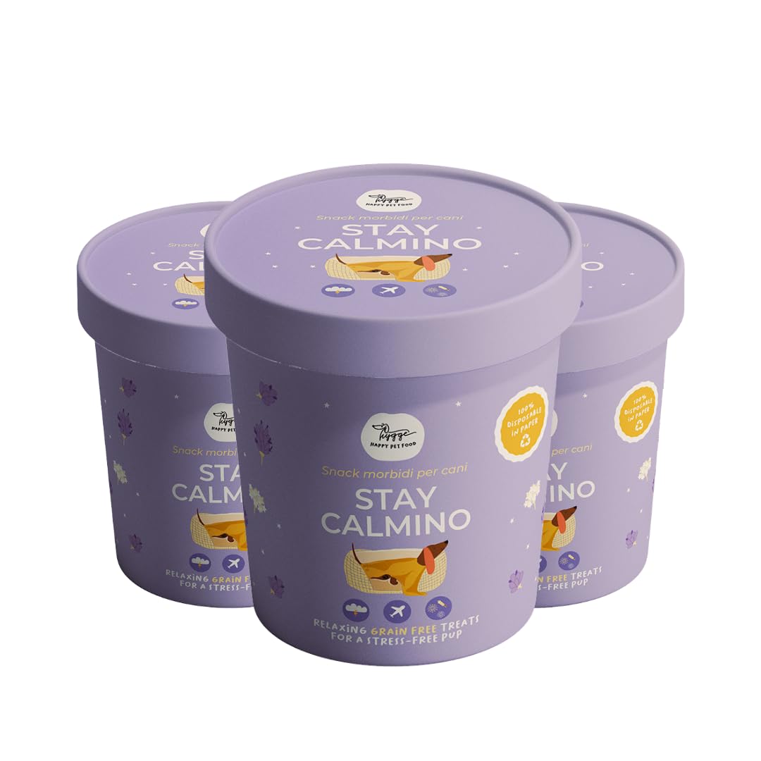Hygge Dog Stay Calmino Biscotti Rilassanti Semi-Umidi per Cani | Snack Naturali con Valeriana, Melissa e Lavanda | Biscotti Senza Glutine Ideali per Stress, Viaggi e Temporali | 3x100g Made in Italy