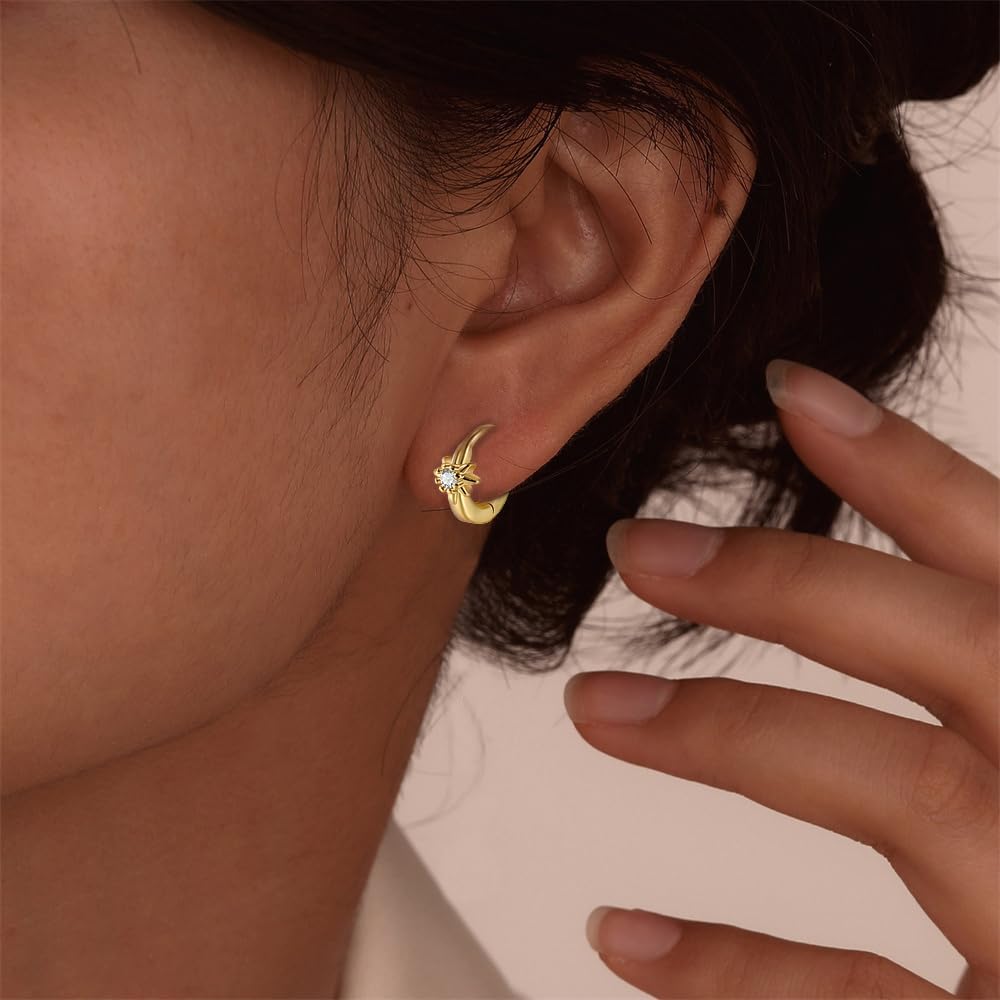 Crystal Sun Tiny Huggie Hoop Earrings for Women Cubic Zirconia Sun Small Cartilage Hinged Hoop Earrings Piercing Ear Jewelry 6mm - Image 2