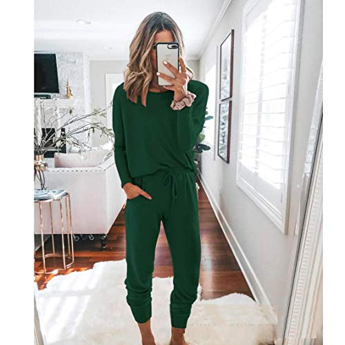Prettygarden Women's 2023 Fall Two Piece Outfit Long Sleeve Crewneck Pullover Tops And Long Pants Tracksuit (Dark Green,Small) #TOP2