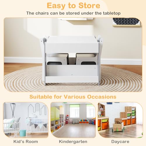 Image of GLACER Kids Table and Chairs, 4 in 1 Wooden Activity Table with Bookshelves, Reversible Tabletop, Chalkboard for Crafts, Drawing, Toddler Table and Chair Set, Easy to Clean (White + Gray)
