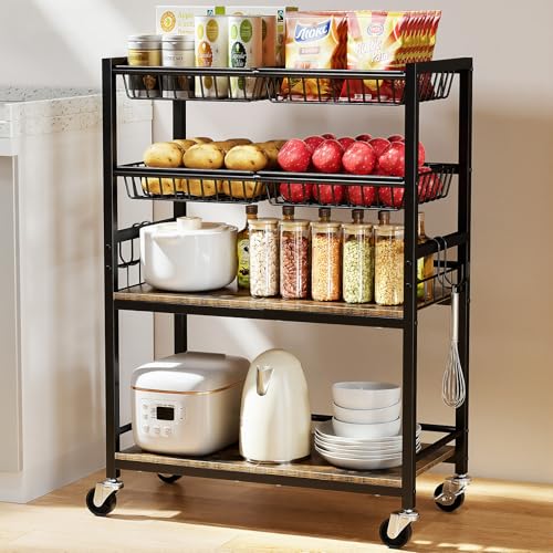 Kssiaz Fruit Vegetable Storage Cart, 4-Tier Rolling Kitchen Storage Cart,