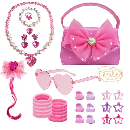 Girls Pink Dress Up Accessories Set with Purse, Necklace, Bracelet, Earrings, Ring, Sunglasses, Hair Clip, Hair Ties and Barrettes, Kids Toddler Costume Role Play Gift Toys for Little Princess