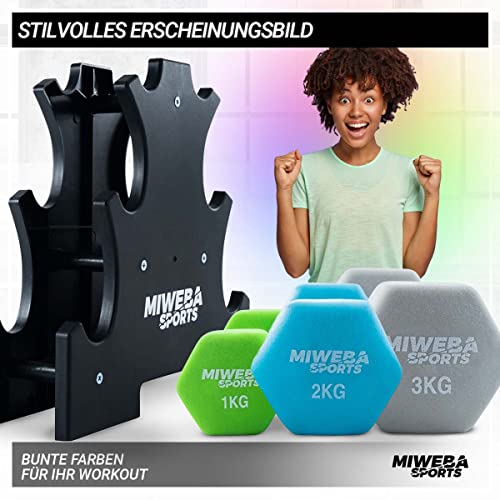 Miweba Sports Neopren Hantelset NKH120 | 𝐏𝐫𝐨𝐟𝐢 Hantel - Hexagon Hanteln Set - Kurzhanteln - Kurzhantel Set - Neoprenhantel - Hantelständer - Hantel - Dumbbell - 1-3kg (Grün/Türkis/Grau)