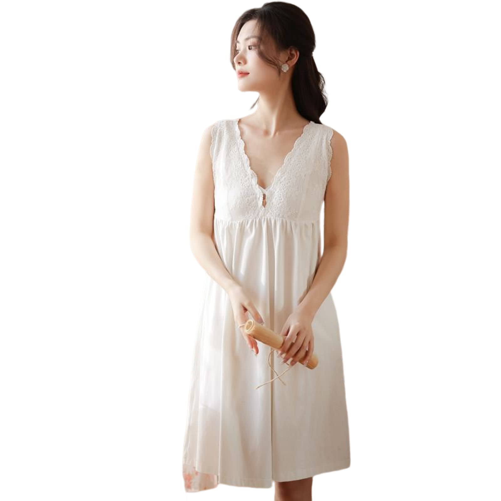 OFFSUM Camicia da Notte Donna - Camicia da Notte Vintage in Stile Principessa con Bretelle Bianche Senza Maniche in Pizzo con Ricamo Elegante Sexy in Cotone