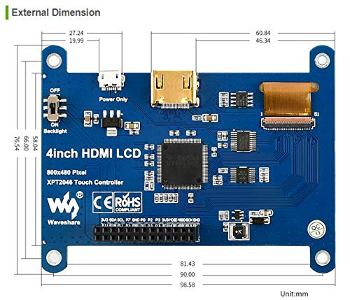 Image of waveshare 4 inch HDMI LCD IPS Display 800x480 Resolution Resistive Touch Screen HDMI Interface for Raspberry Pi 4B /3B+ /3B /2B /B+ /A+ /Zero W,Support Raspbian /Ubuntu /Kali /Retropie