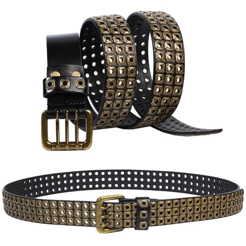 3 Row Studded Genuine Leather Belts for Men Women Unisex Casual 3 Prong Belt for Punk Rock 41-49.21IN Belt for 35