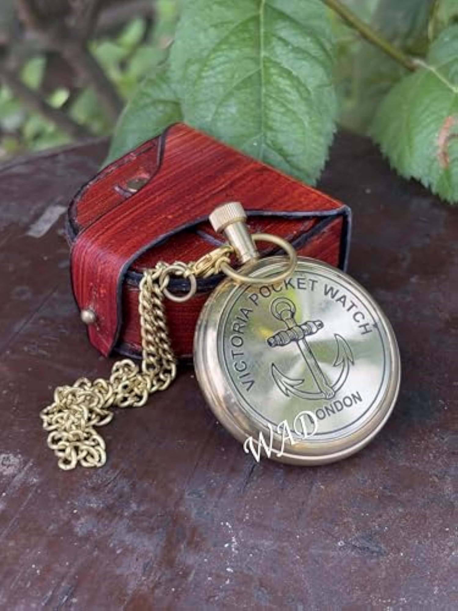 Classic Maritime Brass Pocket Watch with Roman Dial & Vintage Leather Case