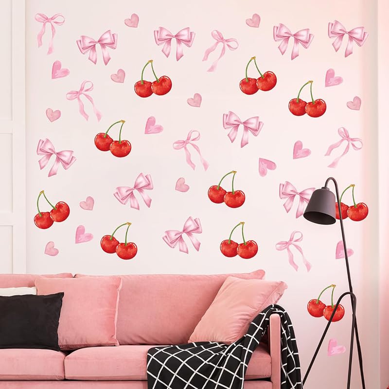 Watercolor Bow Red Cherry 8 Sheets Decor Bedroom Nursery Kitchen DIY Party Home Dining-Room Bathroom Playroom Refrigerator Kindergarten Living Room,Bowknot Aesthetic Wallpaper Decal