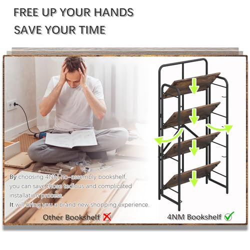 Image of 4NM No Assembly Folding Bookshelf, 4 Tiers Collapsible Book Shelves Open Industrial Foldable Storage Bookcase Shelf for Bedroom, Living Room, Home Office - Rustic Brown and Black