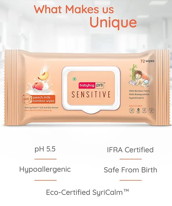 Image of Babyhug Pro Sensitive pH 5.5 Peach Milk Bamboo Wipes - 72 Wipes