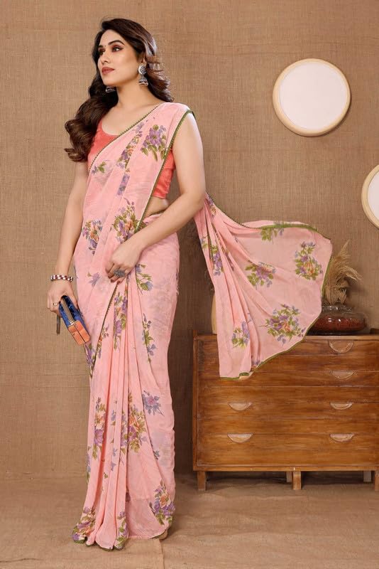 Image of Panzora Women's Georgette Printed Ready To Wear One Minute Saree With Unstitched Blouse Piece