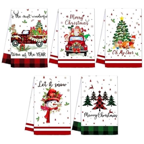Gupcaqosjw Toallas De Cocina Navideñas - Juego De 5 Paños De Cocina Festivos | Toallas de con Santa, Alce, Muñeco de Nieve, e Invierno - para Hogar en Navidad, Comida, Limpieza y Mano