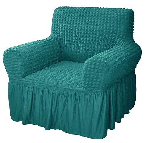 Image of House of Quirk Turkish Bubble Frill 280 GSM Sofa Slipcovers, Durable Washable Universal Single Seater High Elastic Furniture Protector (Teal, 90-145cm)