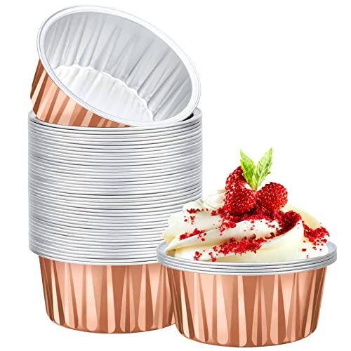 Eusoar Disposable Dessert Cups, 50Pcs 5Oz Aluminum Foil Ramekins Baking Cups, Rose Gold Cupcake Liners Desserts Flans, Creme Brulee Custard Cake Pudding Jello Cups, Catering Dinner Party Favor #TOP10