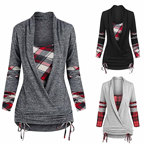 Shrug Dolman Shirt for Women Plaid Stitching Drop Tops Long Sleeve Cinched Waist Top Casual Wrap Pullover