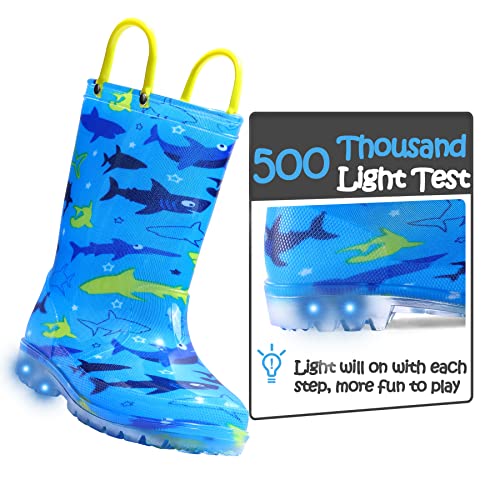 K KomForme Toddler Light Up Rain Boots Patterns and Glitter Rain Boots for Girls Boys with Handles,Blue shark,103