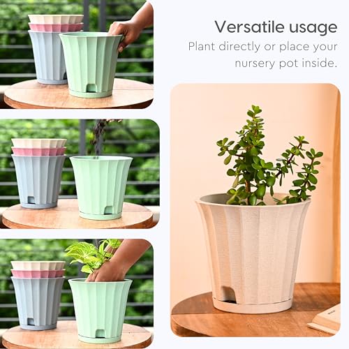 Image of Eha Earth Friendly Ace 7 inch Small Self Watering Pots for Indoor Plants | Set of 4 | Plant Pot Made with Bamboo Fibers | Table Top Planters for Home Decor, Flower Pot for Living Room | Multicolor