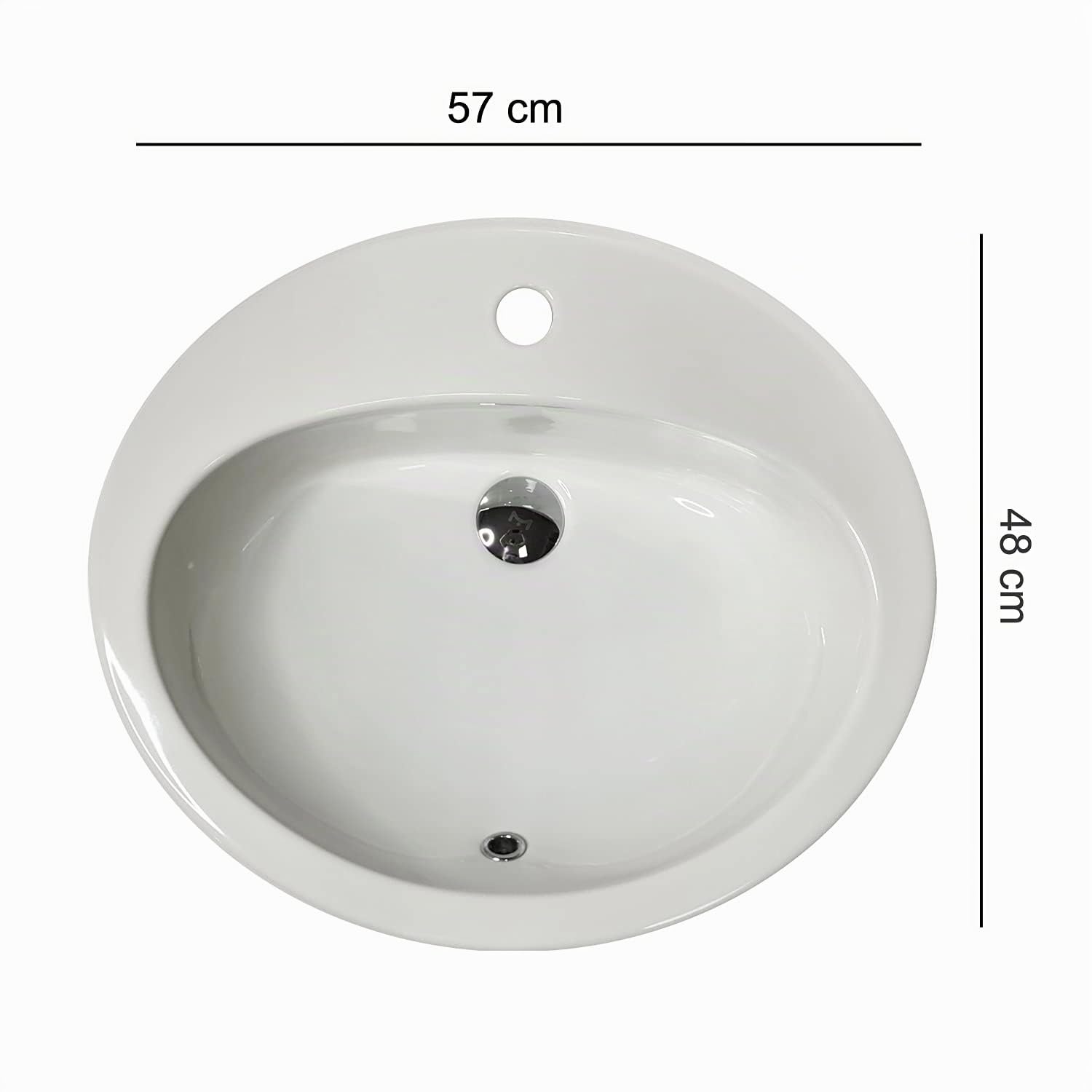 LAVABO Incasso TONDO Ceramica - Lavandino Soprapiano OVAL L. 57 x 48 cm Monoforo Pred. a 3 Fori