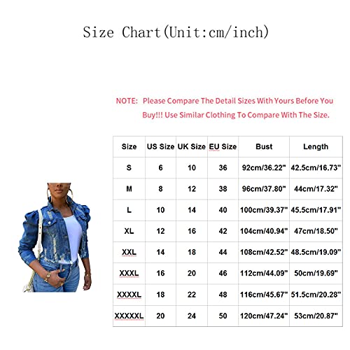 Huankd Jean Jackets For Women, Red Jacket Women 90S Pull Femme Soldes Hiver Fashion Women's Solid Button Wear Out Long Puff Sleeve Denim Jacket Coat Coats Big Winter Dress Lightweight (Xl, Blue) #TOP5