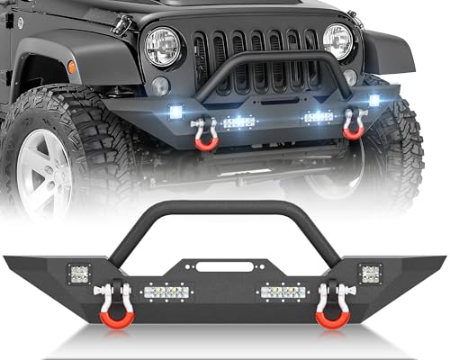 YZONA for Wrangler JK Front Bumper Compatible with 2007 2008 2009 2010 2011 2012 2013 2014 2015 2016 2017 2018 Jeep Wrangler JK JKU Unlimited 2/4 Doors with Winch Plate Bull Bar LED Lights & D-rings