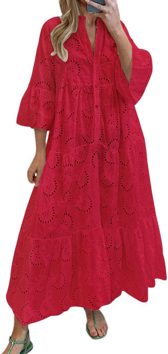 CHARTOU Women Cotton Eyelet Maxi Dress Embroidered Flowy Dress Boho Lace Shirt Dress Summer Tiered Swing A Line Dress