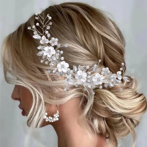 ISLHJDD Flower Wedding Hair Vine Crystal Bride Headband Pearl Hair Accessories Bridal Hair Clip for Women and Girls