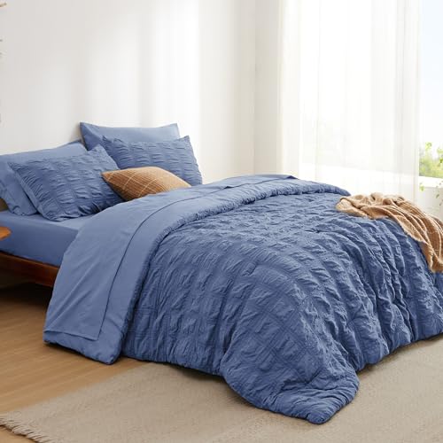 Bedsure Bed in a Bag Queen - 7 Pieces Plaid Seersucker Bedding Comforter Sets, Soft Lightweight Mineral Blue Boho Bed Set with Comforters Queen Size, Sheets, Pillowcases & Shams