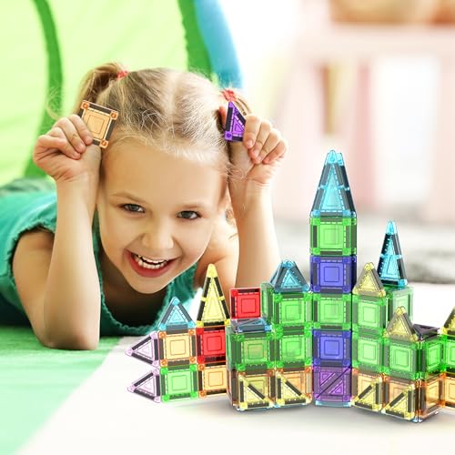 Image of PicassoTiles 40 PCS Mini Magnetic Tiles Travel Toy Educational Building Set | BPA-free plastic construction, age 3+ STEM learning, hand-eye coordination, compact storage box, portable geometric blocks