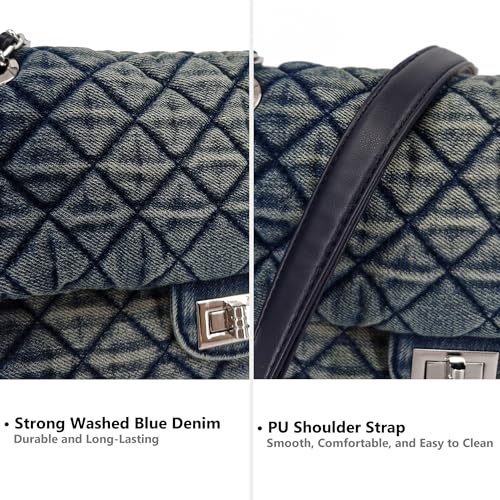 Image of M-ioi-M Small Quilted Denim Purse, Shoulder Bag for Women, Crossbody Flap Tote, Double Silver Chain Strap Trendy Hobo, Vintage Retro Washed Jean Handbag, Casual Everyday (Vintage Blue, Small)