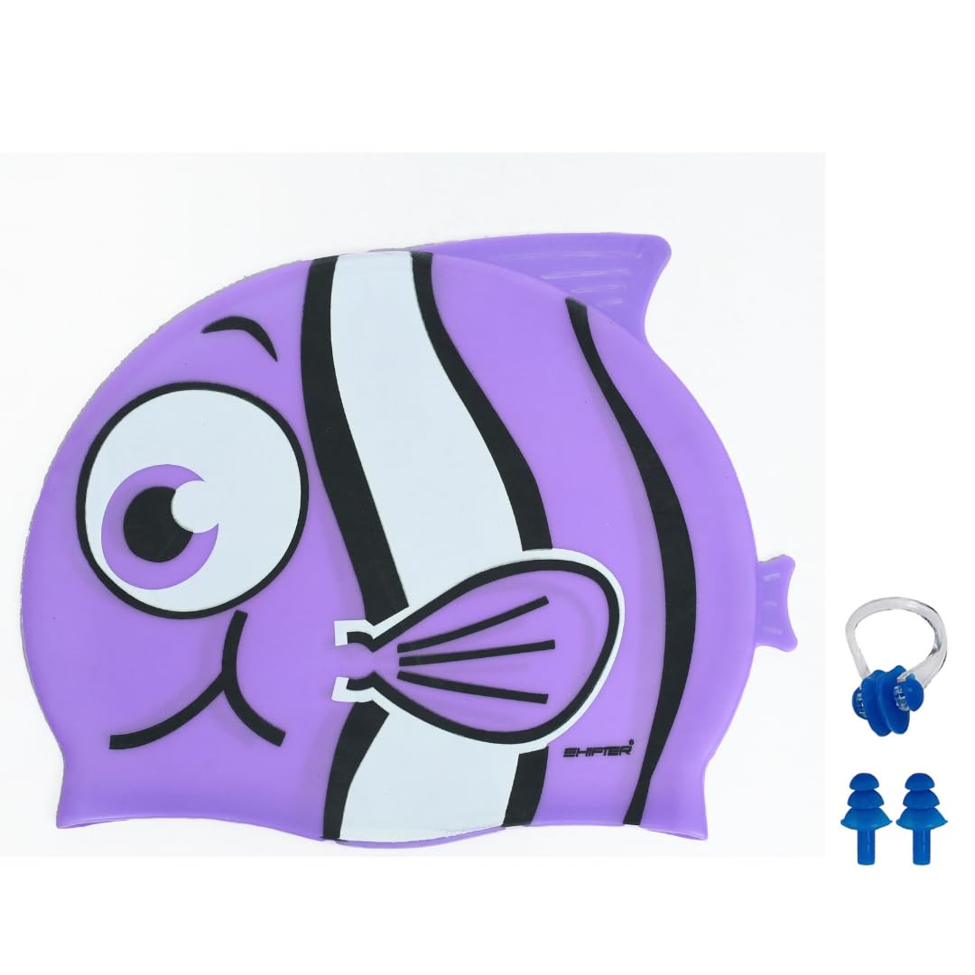 SHIFTER Fish Swim Caps with Ear Plug and Nose Plug for Kids,Boys,Girls for Swimming/Pool Party/Water Fun/Headgear Hats Silicone Materials Fish Design for Kids (Purple) (B0CWL8W5BS) Amazon Price History, Amazon Price Tracker