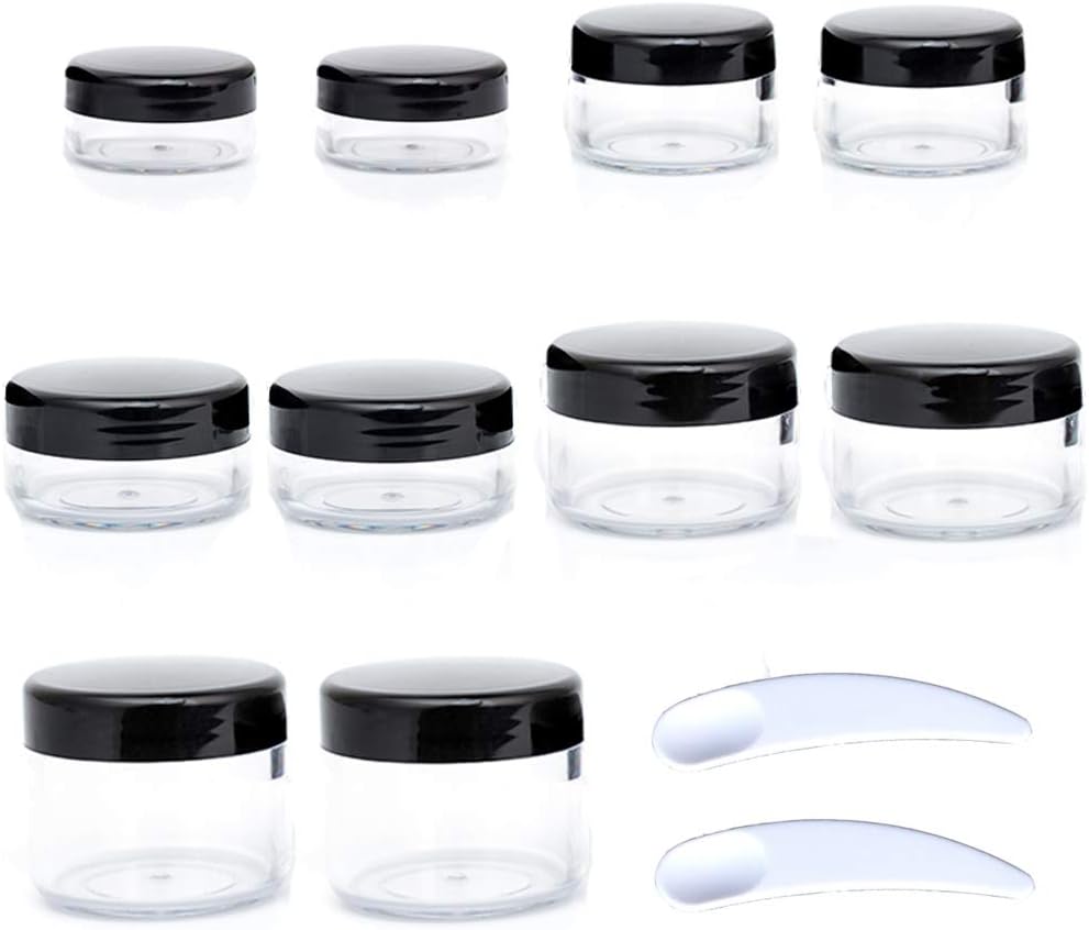 ZEJIA 10pcs Small Travel Containers, Black, 5 Size 3/5/10/15/20 Gram Jars with 12 Labels and 2 Mini Disposable Spatulas, Makeup Containers BPA Free