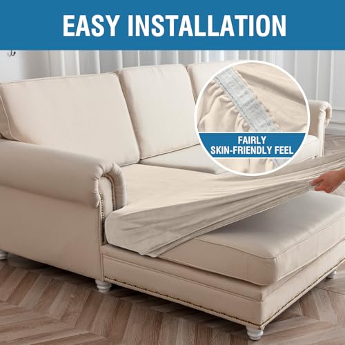 Image of Stretch Silver Fox Velvet Sectional Couch Covers - 4-Piece Sofa Cushion Covers for Left /Right L-Shaped Chaise, Soft and Comfortable Slipcovers for Sectional Sofa(3 Seater + 1 Chaise,Ivory)
