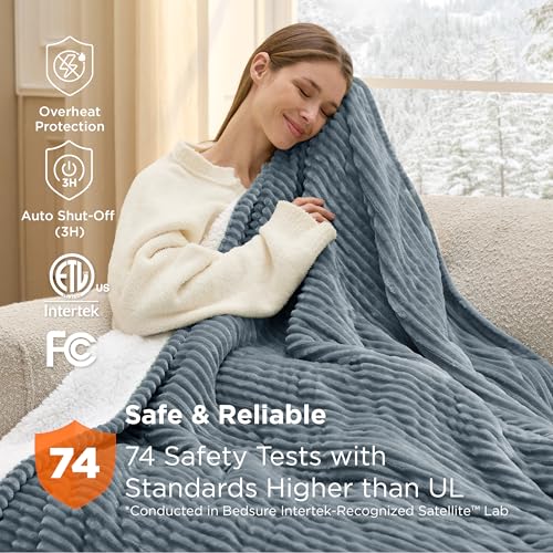 Image of Bedsure GentleSoft Heated Blanket Electric Throw - Soft Ribbed Flannel Electric Blanket, Heating with 4 Time Settings, 6 Heat Levels, 3 hrs Timer Auto Shut Off, Gifts for Grandma (50x60 inches, Grey)