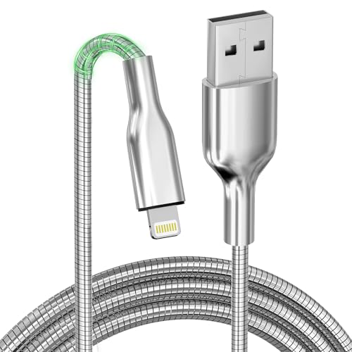 6.6FT Chew Proof USB to Lightning Cable, Cat Dog Proof iPhone Charging Cable, MFi Certified Metal Braided Silver iPhone Charger Cord, Fast Charging, Compatible with iPhone 14/13/12/11/8/7/6/XS/XR/X