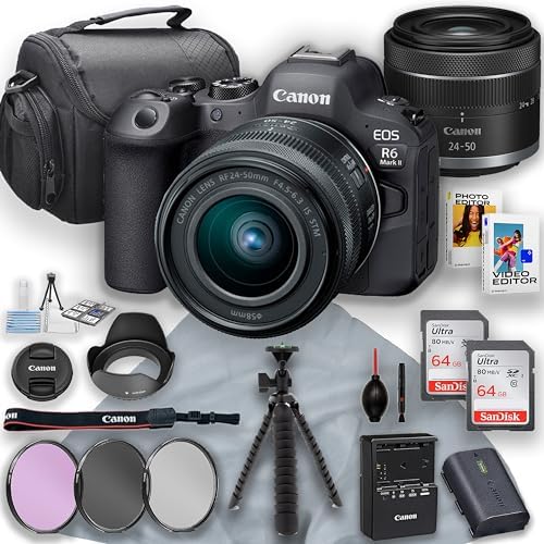 Canon EOS R6 Mark II Mirrorless Camera with Canon RF 24-50mm f/4.5-6.3 is STM Lens and 2pc 64GB Memory Cards, Flexible Tripod, Filters, Camera Case & More
