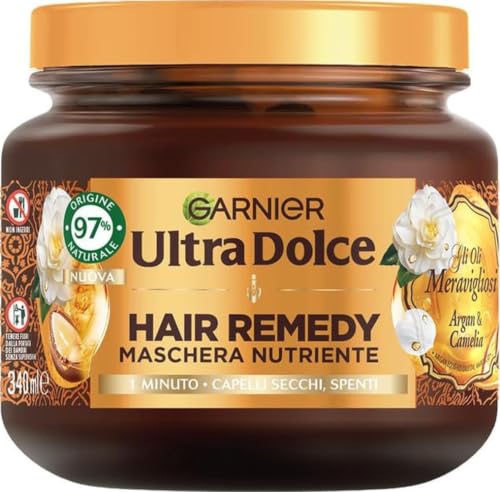 Garnier Ultra Dolce Maschera Nutriente, Per Capelli Secchi e Spenti, Azione In 1 Minuto, Con Olio di Argan Bio e Olio di Camelia, Gli Oli Meravigliosi, Hair Remedy, 340 ml