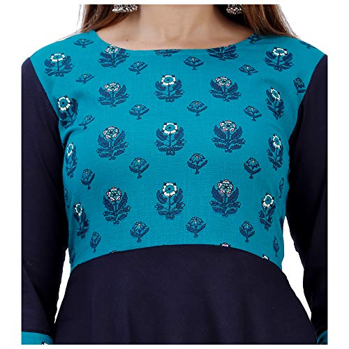 Image of Libas Holy Women's Floral Printed Cotton Flared Maxi Dress, Navy Blue and Turquoise One Piece Maxi Dress