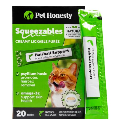Image of Cat Hairball Remedy Lickable Treats - Squeezable Puree Pouches for Hairball Treatment, Furball Relief Control Supplement with Fiber and Fish Oil for Indoor Cats, Skin + Coat, Digestion (Salmon, 20 Ct)